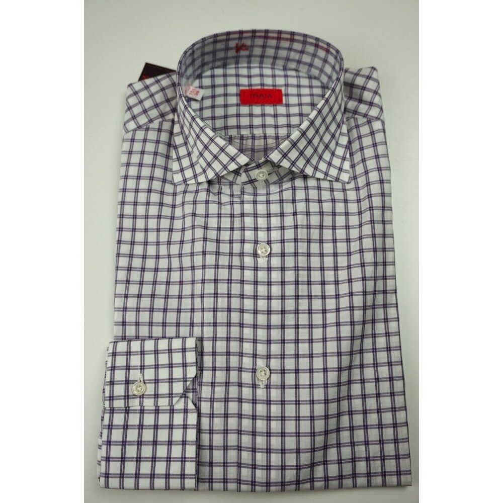 Isaia Napoli Violet White Plaid Long Sleeve Cotton Dress Shirt 15.5/39 NEW